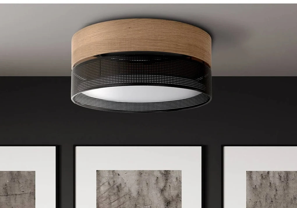 TK Lighting Plafoniera Nicol, nera, effetto legno, Ø 50 cm, 4 x E27