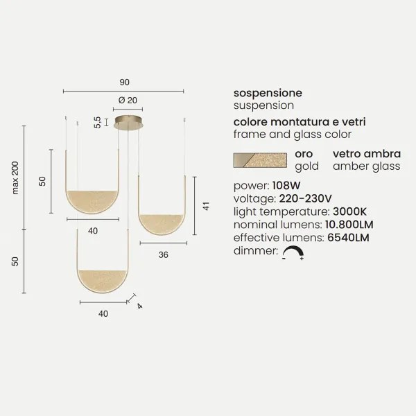 Lampada a sospensione 90 cm 3 Luci LED LOTUS con inserto in vetro granigliato ORO