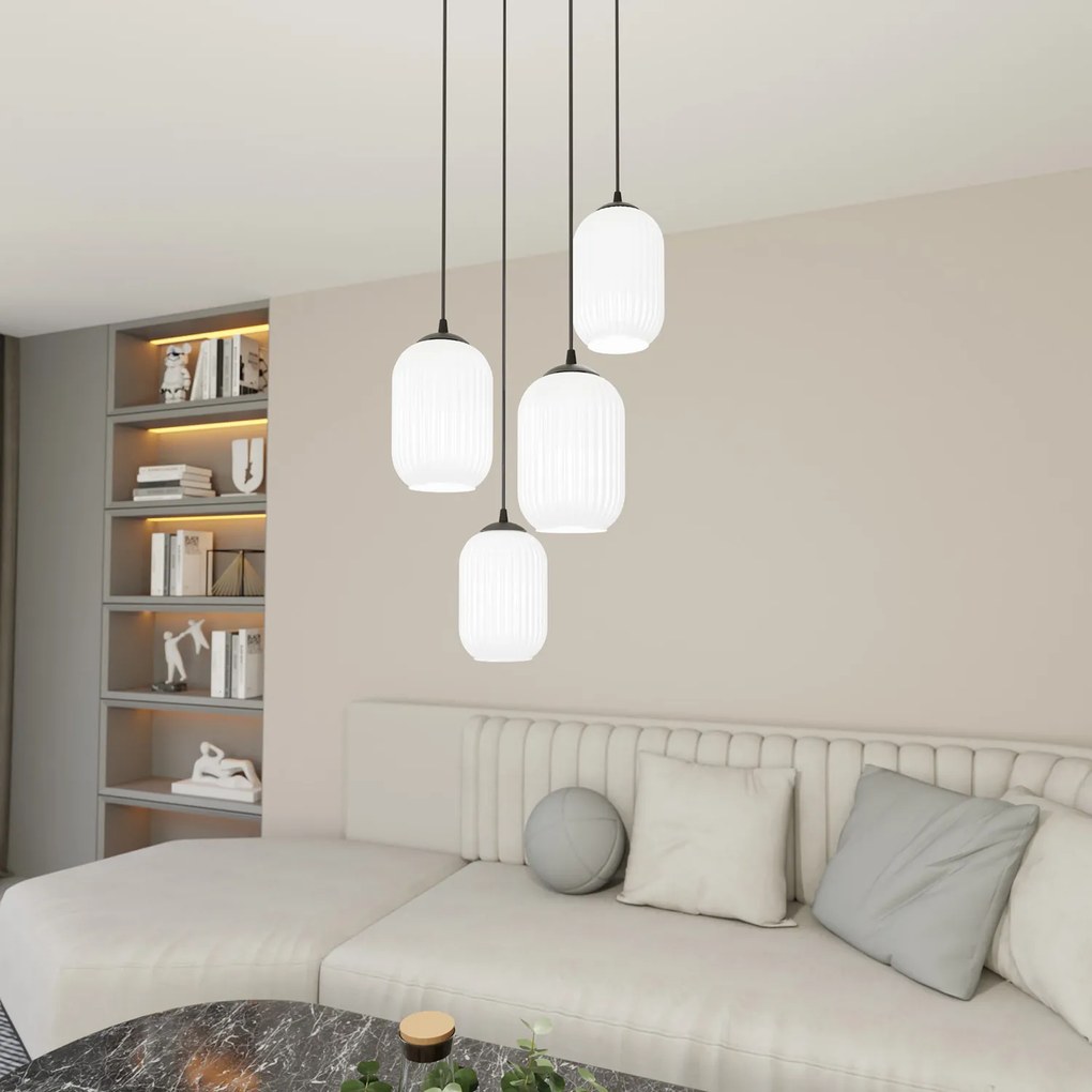 Lampadario 4 Luci Selene Base Tonda In Acciaio Nero E Vetri Plissettati Bianchi
