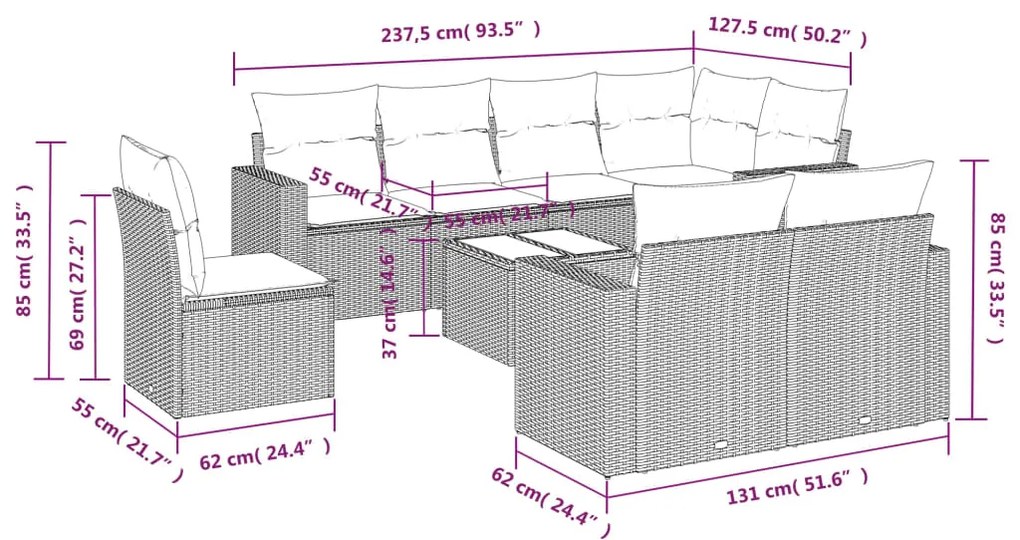 Set divano da giardino 9 pz con cuscini beige in polyrattan