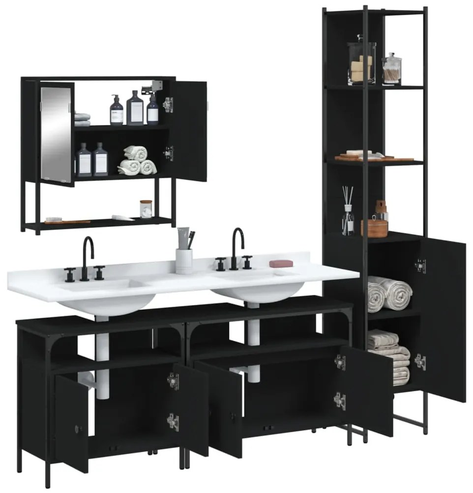 Set mobili da bagno 4 pz nero in legno multistrato