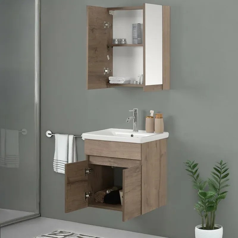 Mobile bagno sospeso 55cm rovere scuro con specchio contenitore Mona