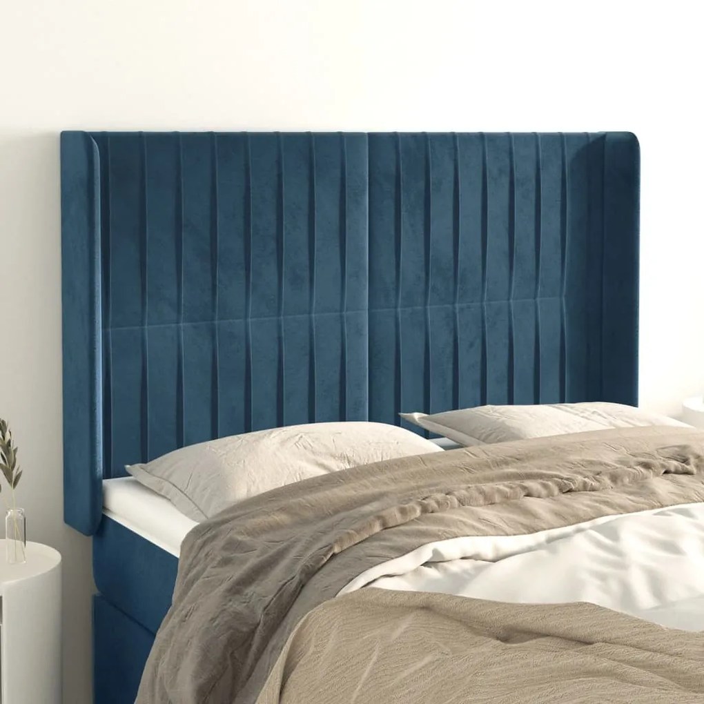 Testiera Ad Orecchio Blu Scuro 147x16x118/128 Cm İn Velluto /