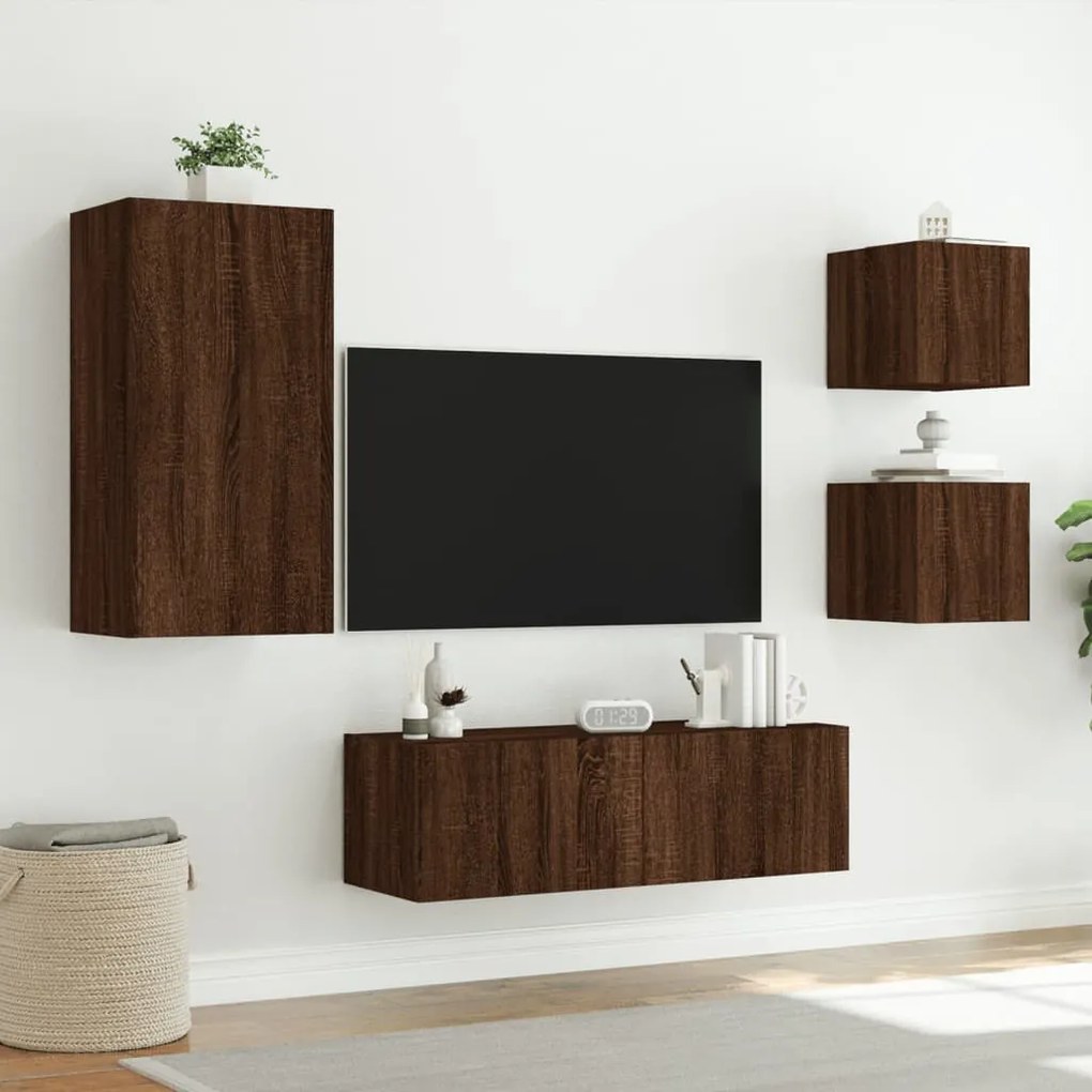 Mobili tv a muro 4pz con luci led rovere marrone