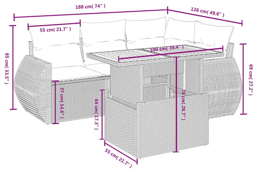 Set Divani da Giardino 5 pz con Cuscini in Polyrattan Nero