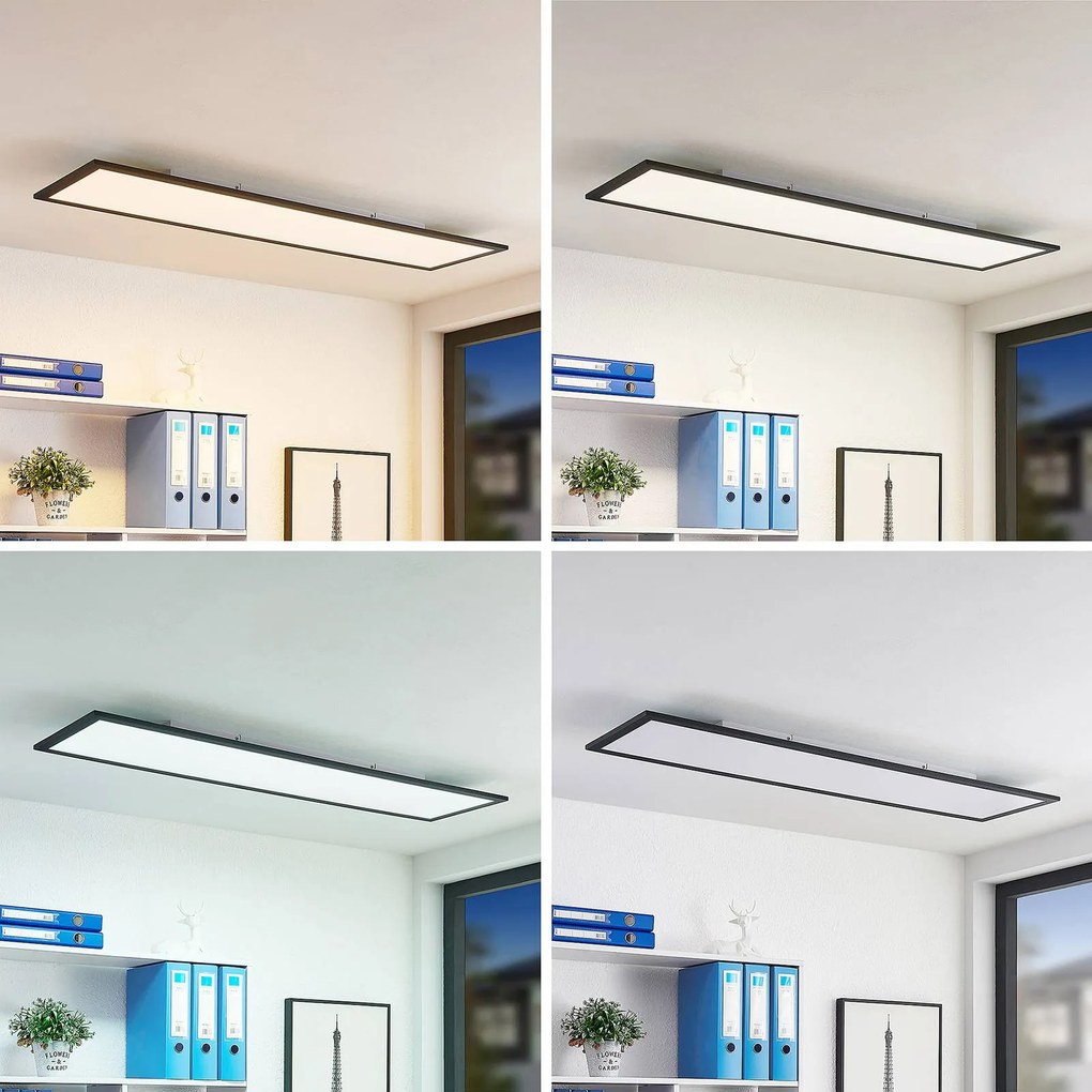 Pannello LED Lindby Nelios, 120 x 30 cm, CCT, nero, metallo Nelios Lindby, dimmerabile, Nero, Soggiorno / Sala da pranzo, Alluminio, Moderno, Pannello LED
