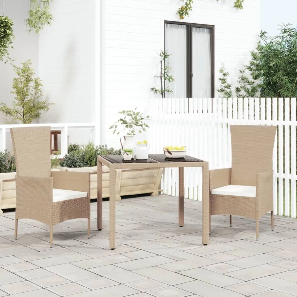 Set da pranzo da giardino 3 pz con cuscini beige in polyrattan