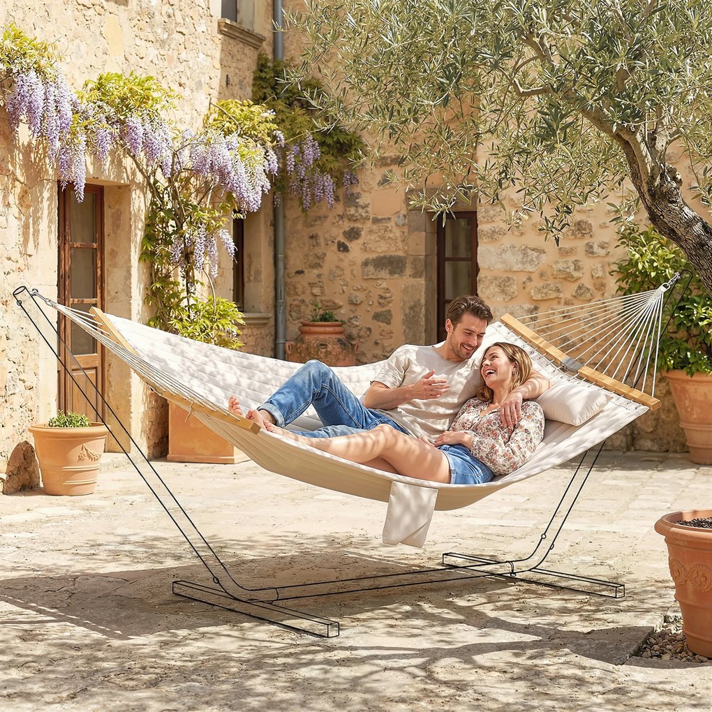 Amaca da Giardino 325x140x2,5 cm con Cuscino e Tasca in Poliestere con Barre di Legno Bianco Crema...
