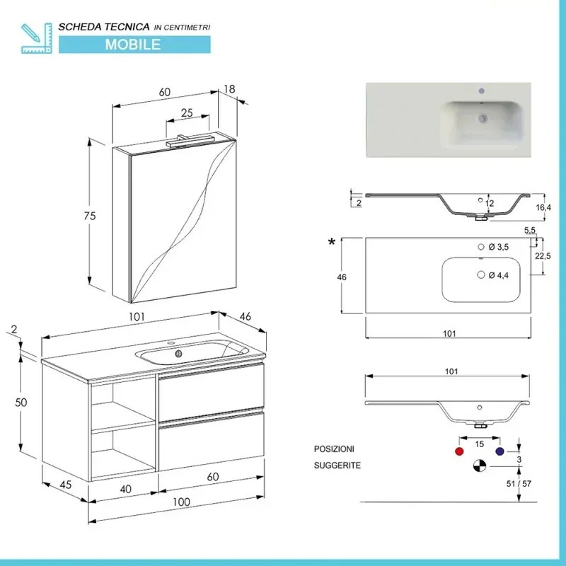 Mobile bagno sospeso 100 cm Master bianco con lavandino e specchio