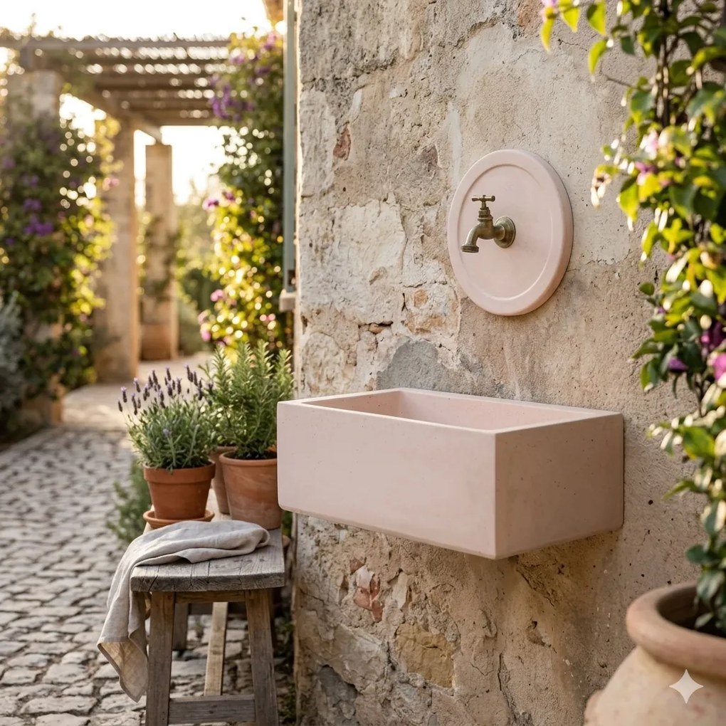 Lavello Rettangolare da Esterno 45x35 cm con Rosone Installazione a Muro in Cemento Madrid Rosa Antico...