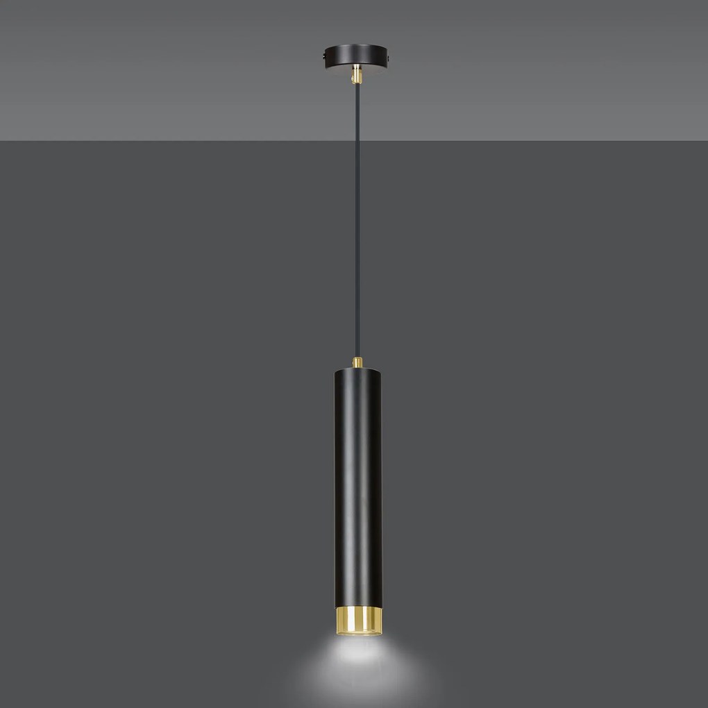 Sospensione 1 Luce Brunilde In Acciaio Nero Con Tubolare In Nero E Oro