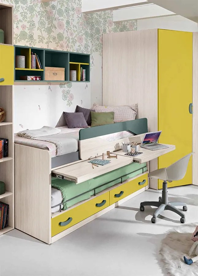 Letto con scrivania estraibile Silvia, finitura Betulla, Senape e Petrolio