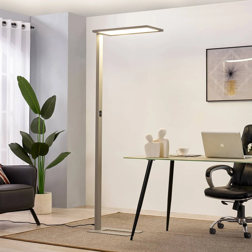 Prios Lampada da terra per ufficio a LED Taronis, 195 cm, argento, dimmerabile