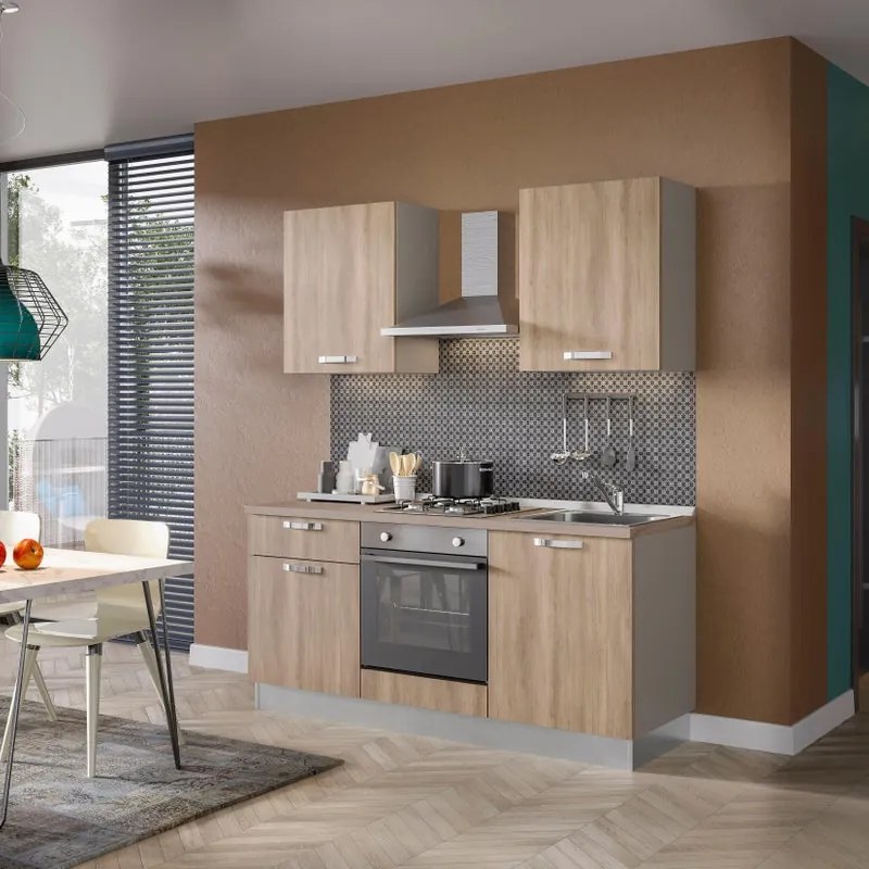 Cucina montata Dora rovere chiaro, lavello a reversibile, L 180 cm, completa di: cappa a camino, piano cottura a gas, forno,