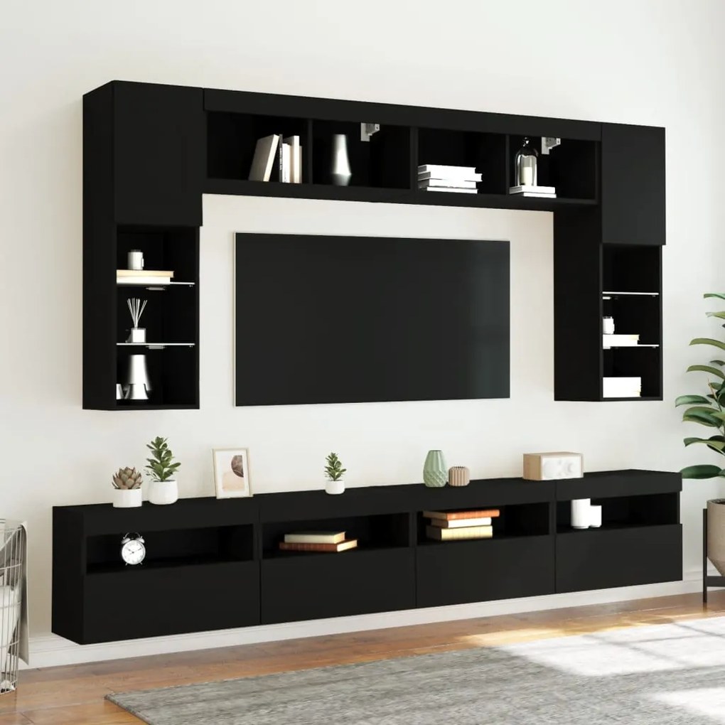 Set mobili tv a muro 8 pz con luci led nero