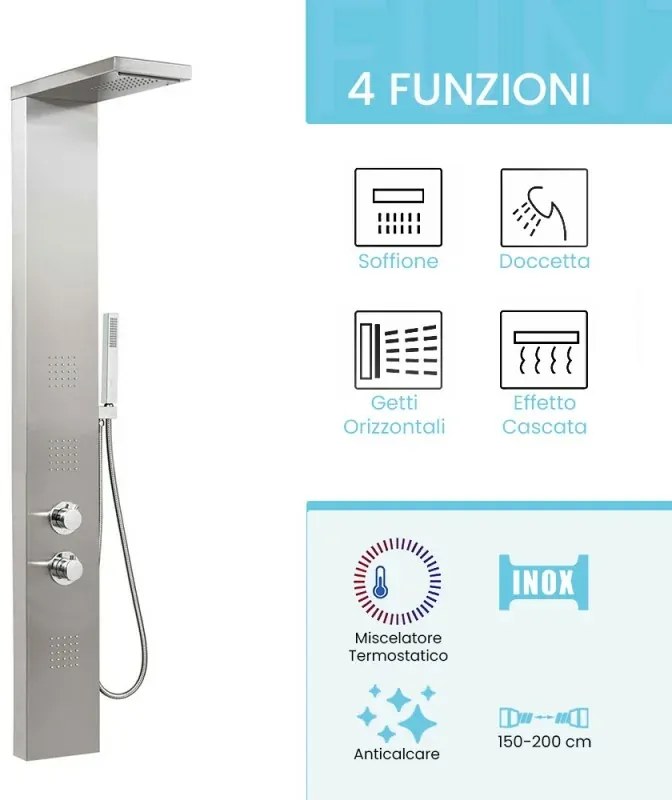 Colonna doccia termostatica in acciaio inox satinato con 4 funzioni