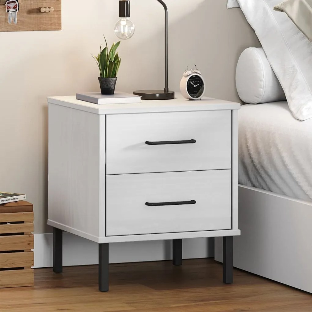 Comodino Con Gambe İn Metallo Bianco Legno Massello Pino Oslo /