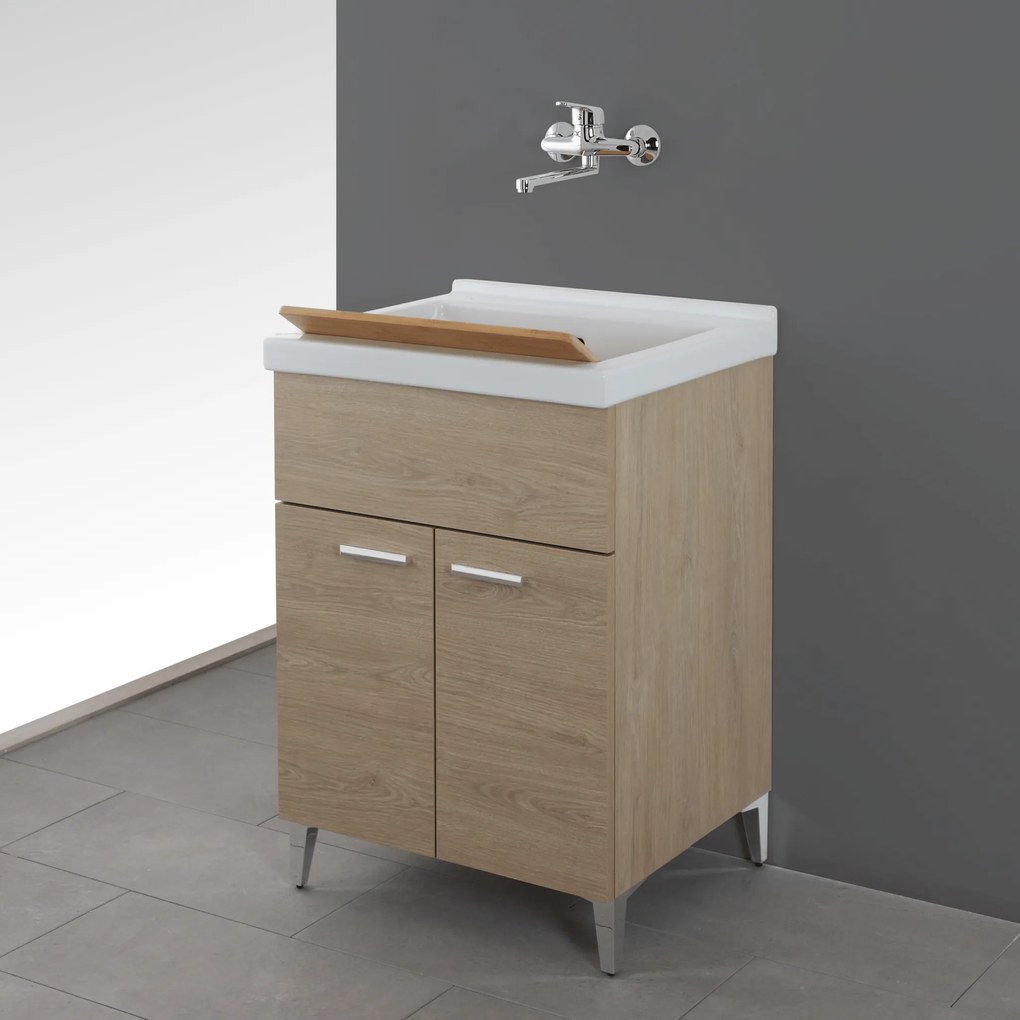 Lavatoio a Terra 60x50 Due Ante Con Vasca Sifone e Tavoletta In Legno Feridras "Lavanderia" Rovere Dolomite