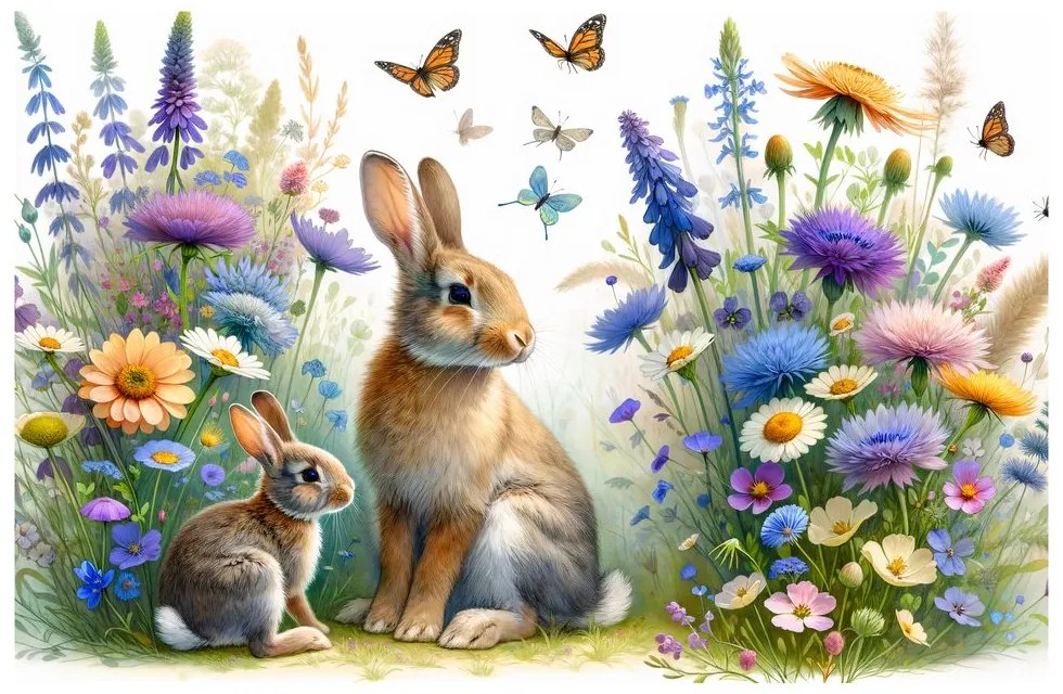 Quadro su tela – Coniglietti su prato fiorito di primavera