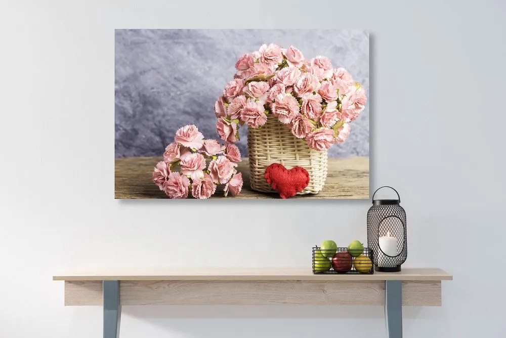 Quadro su tela – Bouquet di garofani rosa in cesto