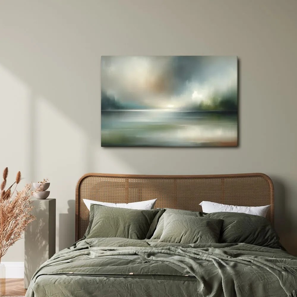 Quadro su tela – Panorama nebbioso con superficie d’acqua