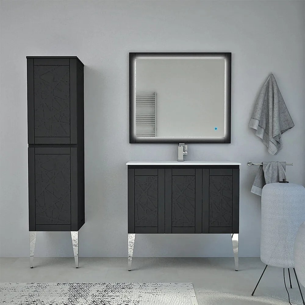 Mobile bagno Denver a terra 90 cm finitura grafite con specchio led touch e colonna da 140 cm