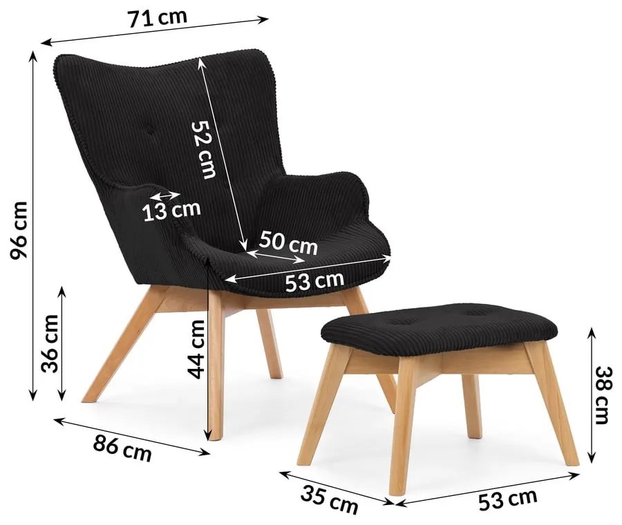 Poltrona con poggiapiedi nera con rivestimento in velluto a coste Niko – Ropez