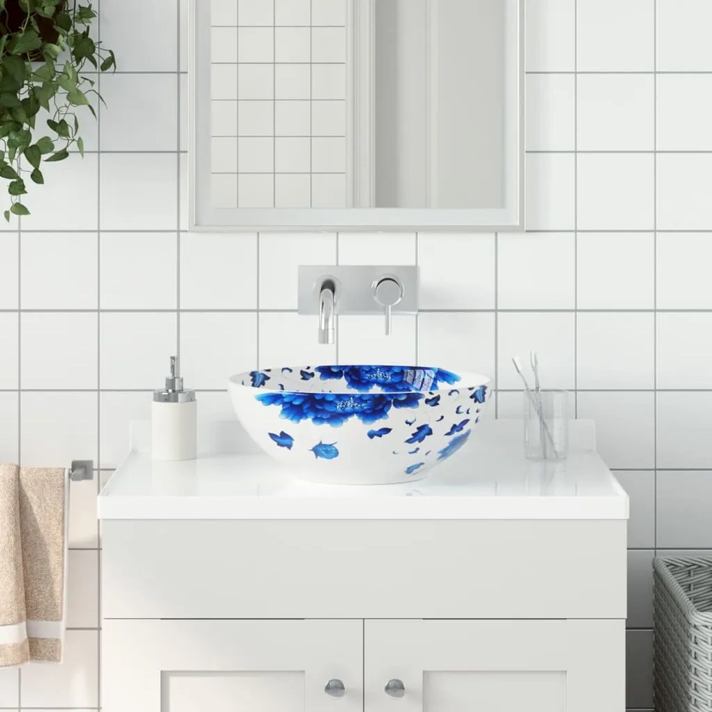 Lavabo Da Appoggio Bianco E Blu Rotondo ?41x14 Cm Ceramica /