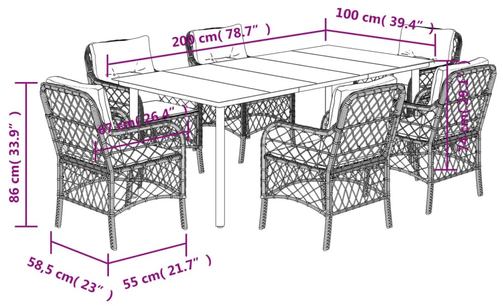 Set da Pranzo da Giardino 7 pz Nero con Cuscini in Polyrattan