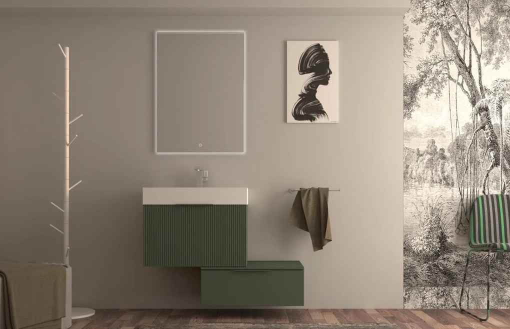Mobile bagno sospeso con lavabo verde opaco per vasca centrale Modula