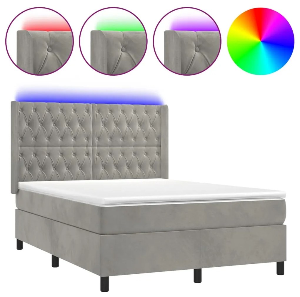 Letto a molle materasso e led grigio chiaro 140x190 cm velluto