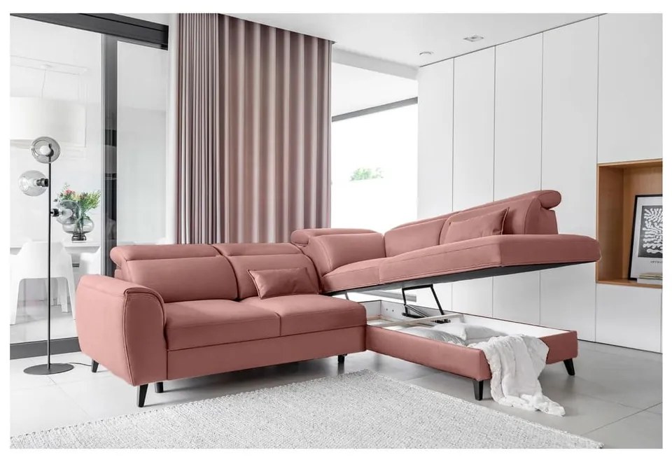 Divano angolare rosa allungabile/con contenitore (con penisola a destra/a L) e rivestimento in velluto Noble – ELTAP