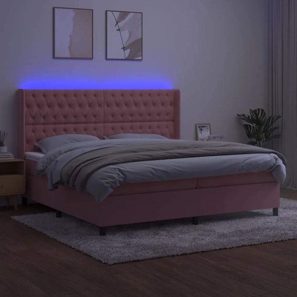 Letto a molle con materasso e led rosa 200x200 cm in velluto