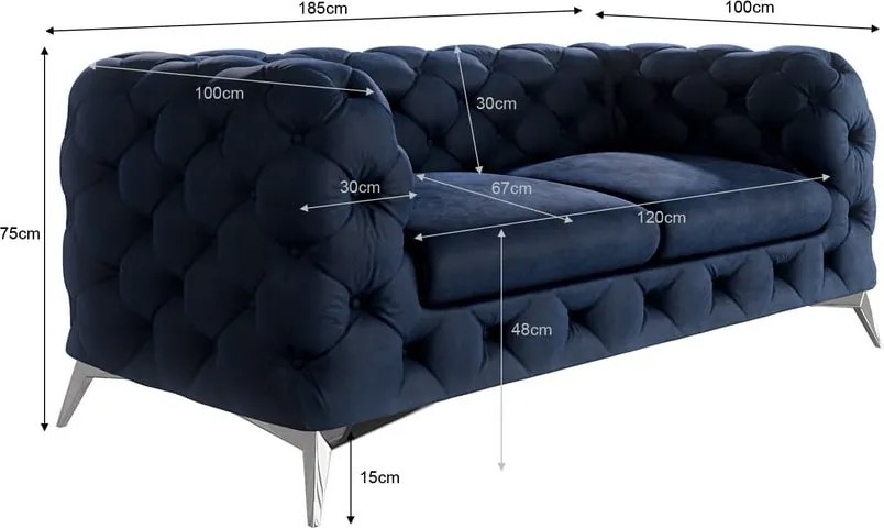 Divano blu scuro con rivestimento in velluto 185 cm Chelsea – Ropez