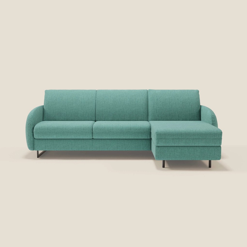 Ninfea Divano Letto Angolare con Penisola Contenitore e Materasso H18 cm - piedini in metallo e Tessuto impermeabile T03 verde acqua
