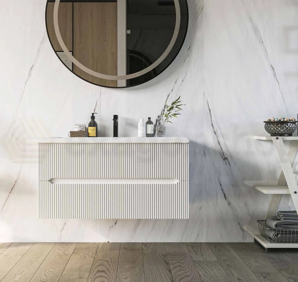 Mobile bagno bianco opaco 90x46 cannettato Urbino due cassetti con lavabo in ceramica
