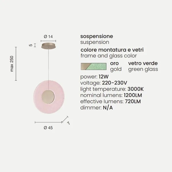 Lampada a sospensione LED CANDY 45 cm in metallo Oro e vetro graniglia Verde