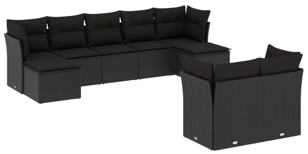 Set divani da giardino 9 pz con cuscini nero in polyrattan