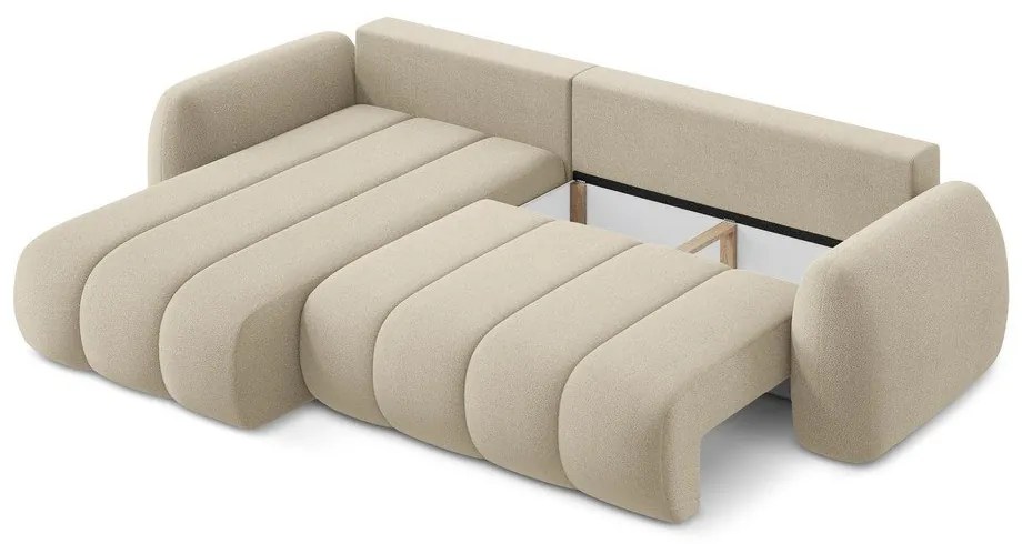 Divano angolare marrone chiaro allungabile/con contenitore (con penisola a sinistra/con chaise lounge) con rivestimento in bouclé Pele – Makamii