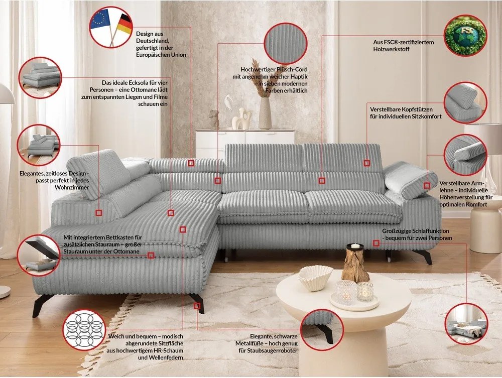 Divano angolare grigio chiaro (con penisola a sinistra/a L) con rivestimento in velluto a coste Marbeya – Ropez