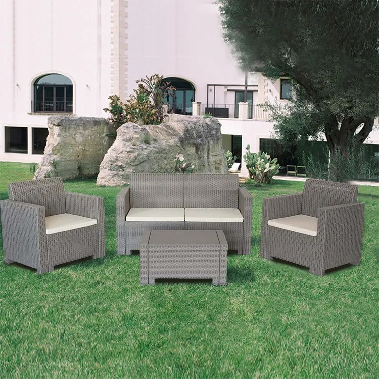 NEBRASKA - salotto da giardino completo di cuscini intreccio in rattan sintetico
