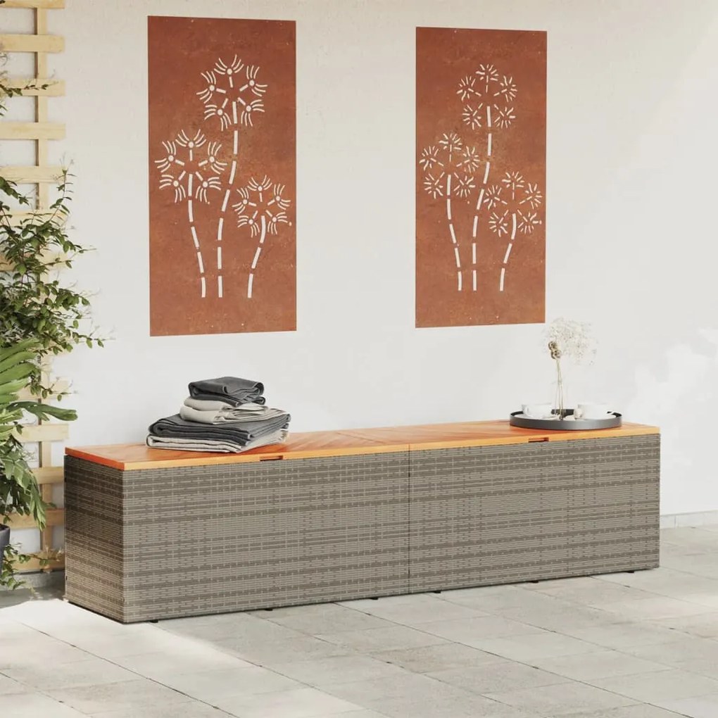 Contenitore giardino grigio 220x50x54cm polyrattan legno acacia