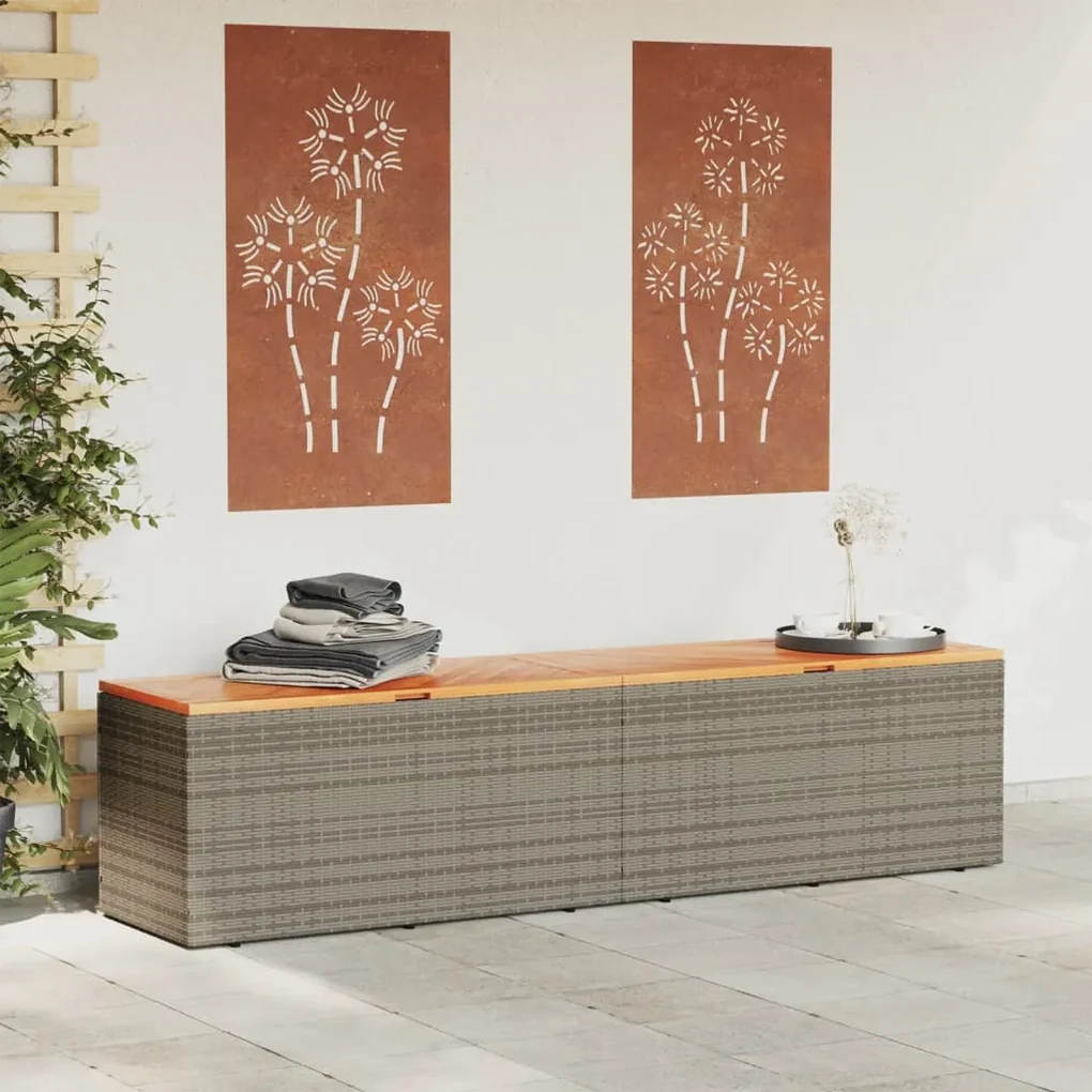 Contenitore giardino grigio 220x50x54cm polyrattan legno acacia