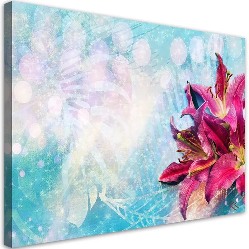 Quadro su tela, Fiori rosa su uno sfondo blu  Dimensioni 100x70