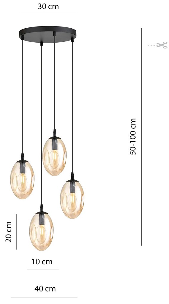 Sospensione Minimal 4 Luci Atalanta Acciaio Nero E Vetro Ambra