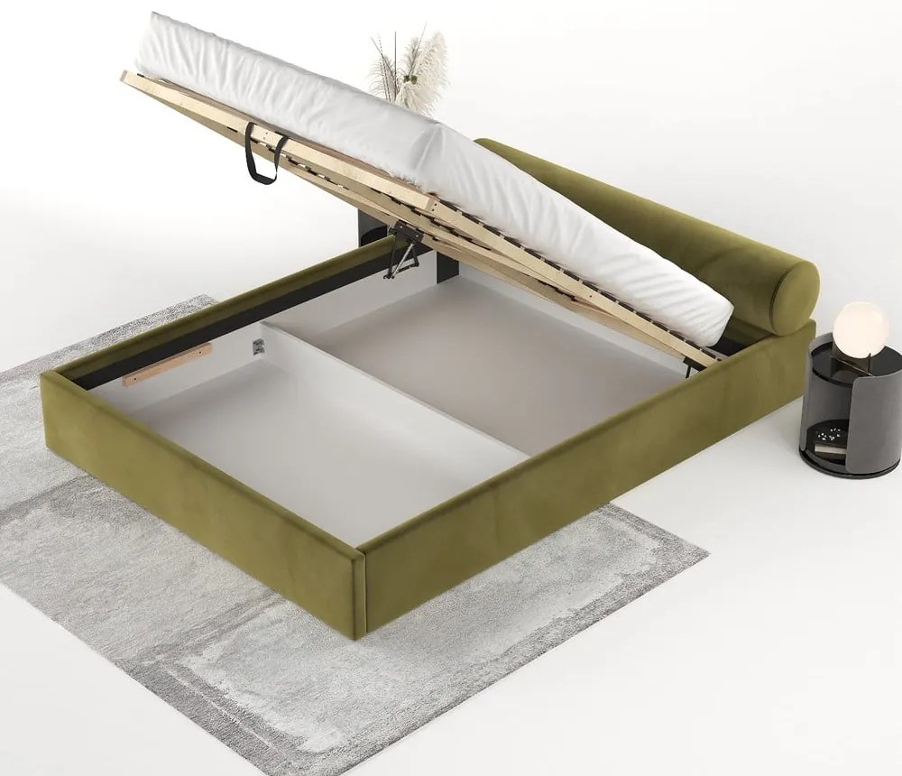 Letto matrimoniale imbottito verde scuro con contenitore e rete inclusi 200x200 cm Solvo – Maison de Rêve
