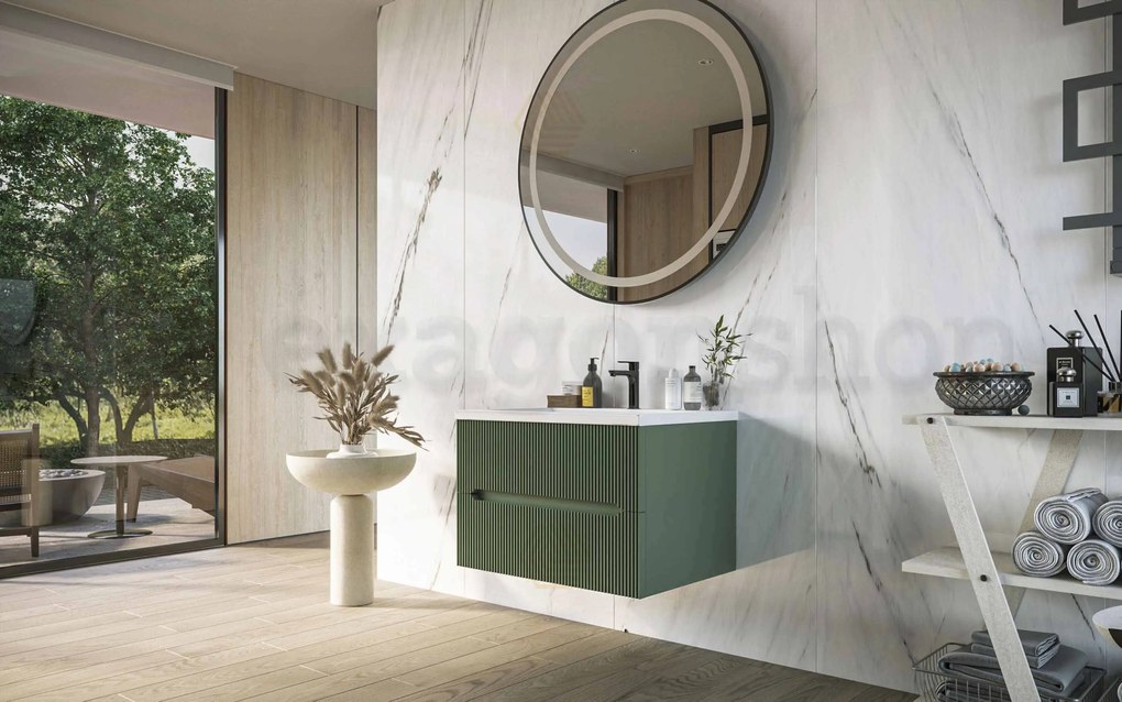 Mobile bagno verde muschio 60x46 cannettato Urbino  due cassetti con lavabo in ceramica frontale