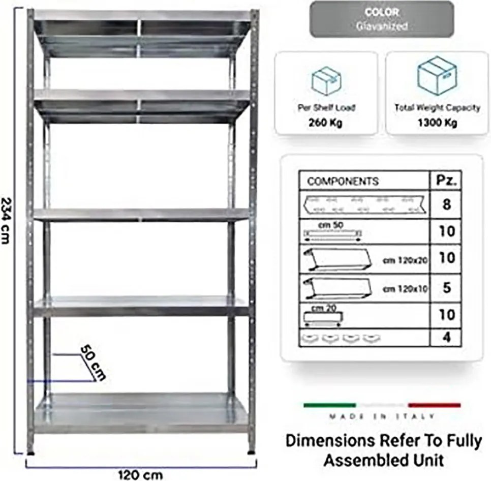 Scaffale in Metallo 5 Ripiani 120x50x234 cm Maciste Zincato...