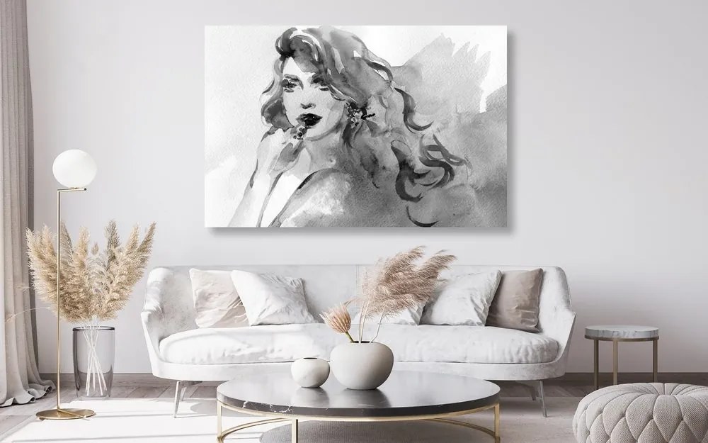 Quadro su tela – Ritratto femminile ad acquerello in bianco e nero