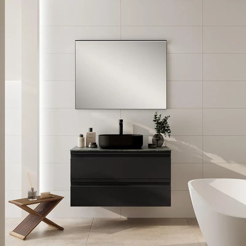 Mobile Pull L100 H55 P45 grafite opaco laccato 2 cassetti a chiusura ammortizzata e top gres nero Creta per lavabo in appoggio, piedini non inclusi